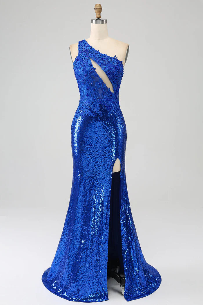 Weitese Dress One Shoulder Royal Blue Mermaid Slit Party Dress Maxi Dress With Appliques Prom Dress
